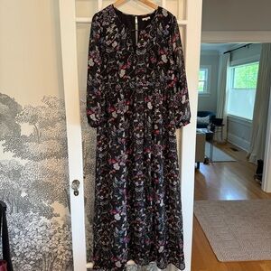 Anthropologie Floral Black Maxi Dress Size XL Long Sleeves